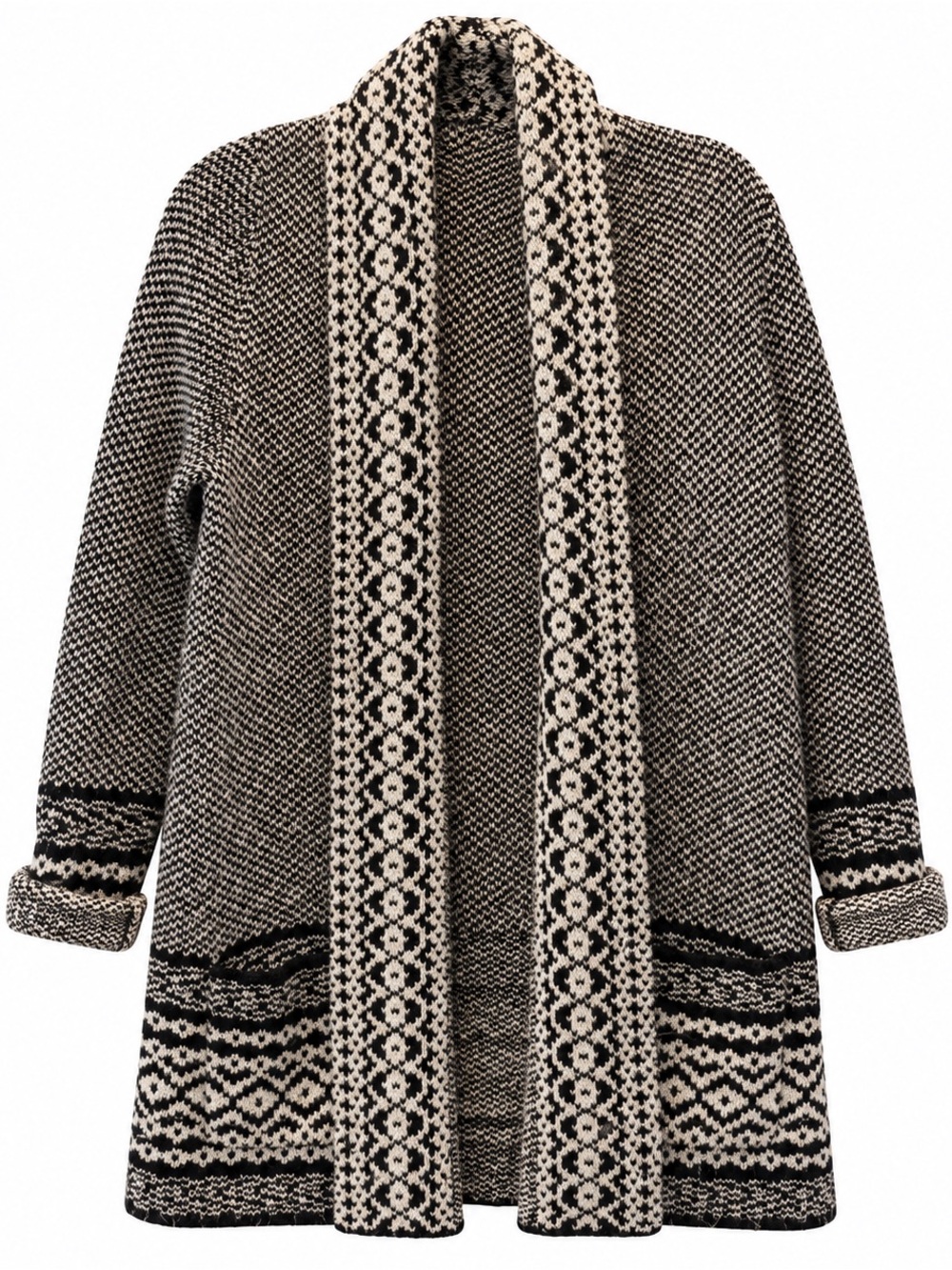 Lucky Brand Black Oatmeal Geometric Shawl Collar Long Cardigan